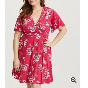 Pink Floral Jersey Faux Wrap Dress